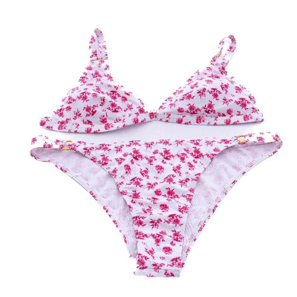 White w/ Pink Floral Print Size L Unbranded Bikini w/ Padded Top